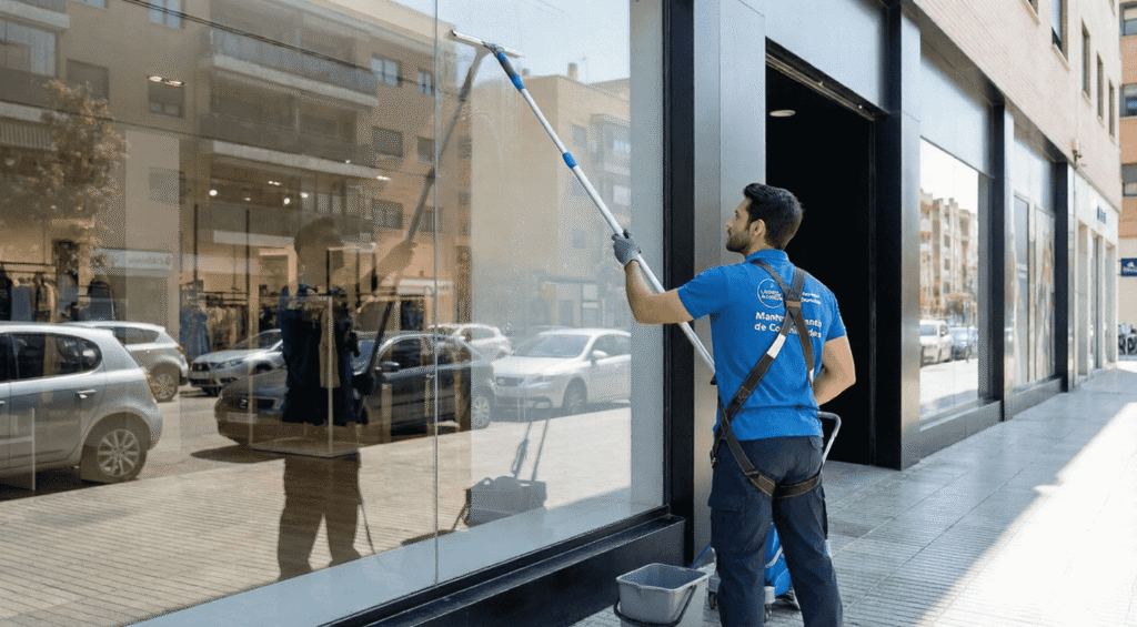 Limpieza profesional de cristales, escaparates comerciales y miradores en Alcorcón, incluyendo zonas de difícil acceso y altura